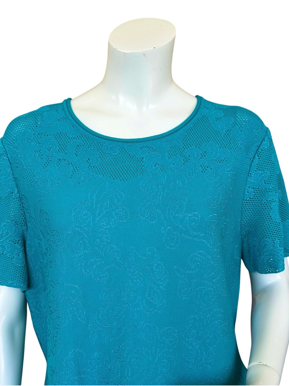 St. John Boutique Teal Jacquard Short Sleeve Peplum Paisley Blouse Size XL - Picture 4 of 11